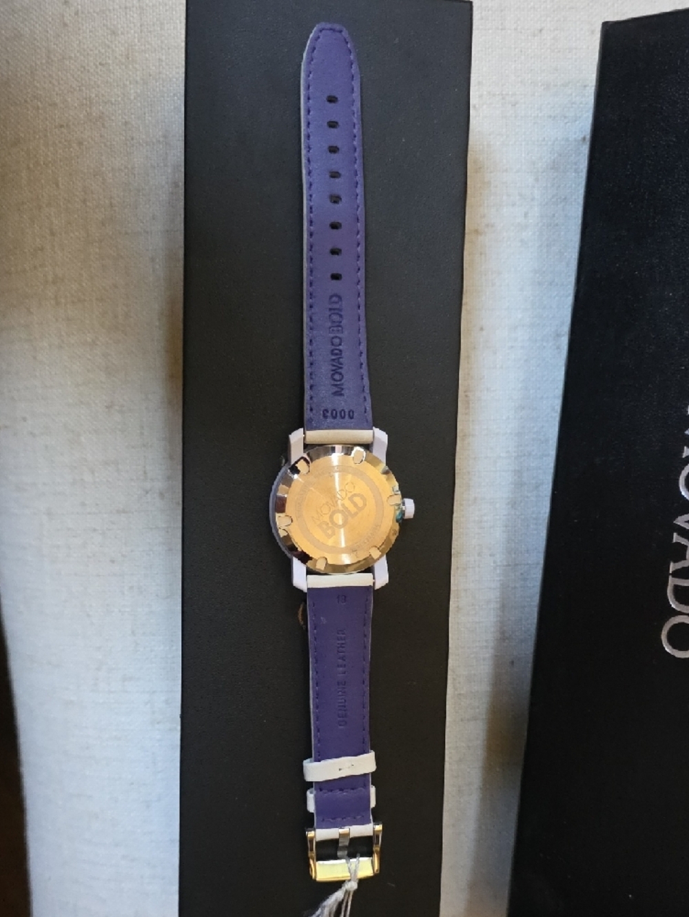 Movado Bold White Leather Strap Watch with Black Dial - Picture 5 of 7